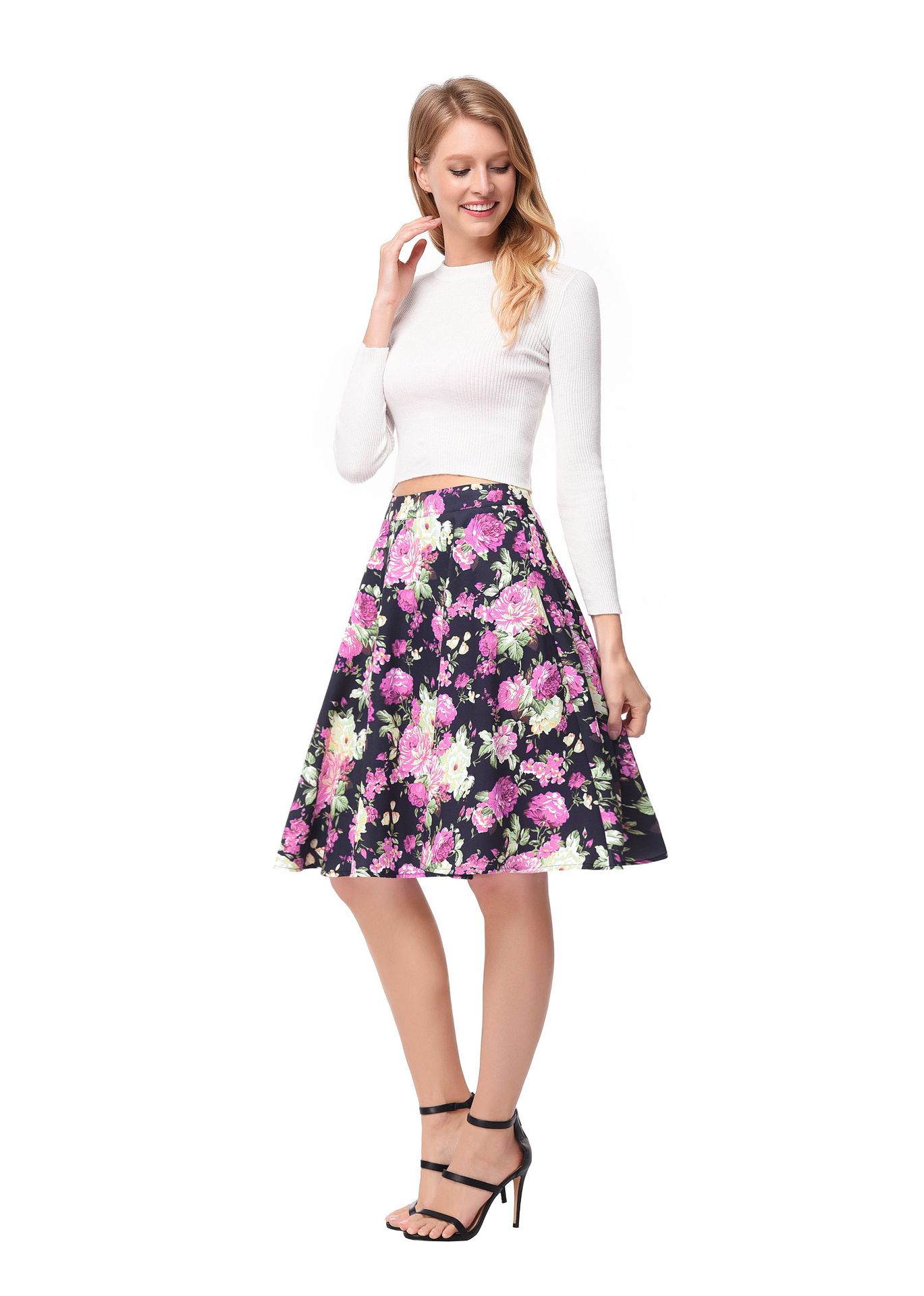 SZ60139-2 Long Sleeve Crop Top & Off Black High-Low Skirt